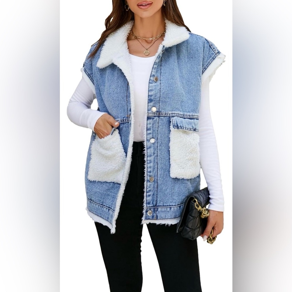 Unbranded Oversized Sherpa Lined Denim Vest with Pockets Size L